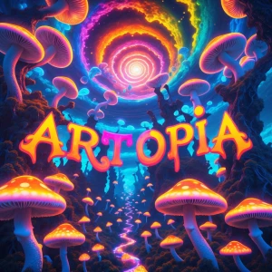 A hyper-detailed psychedelic vertical landscape of a surreal, mi...