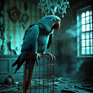 **"A sinister, decayed parrot perched on a rusted cage in a crum...