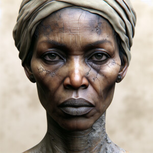 Create an image of an mean African woman with weathered skin and...