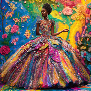 Describe the image featuring a person adorned in a brightly colo...