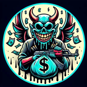 Design a cartoon-style circular logo featuring a cheeky demon we...