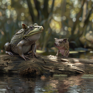 A frog sat on a log watching a hog, HDR, masterpiece, ultra-det...