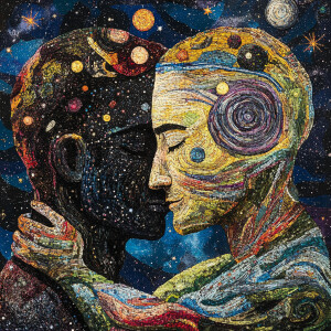 Imagine the cosmos as two men locked in a profound embrace, one...