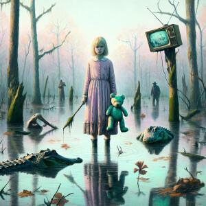 a girl in close proximity to three alligators in a Louisiana swa...
