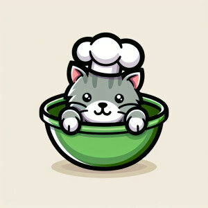 gray kitten with a chef hat on its head in a green mixing bowl