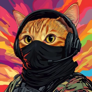 A wide-eyed ginger cat wearing a black tactical balaclava (or ma...