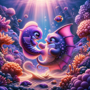 Cute purple fish fighting a cute sting ray