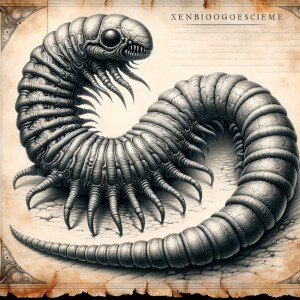 Extraterrestrial creature anatomical graphite illustration on bl...