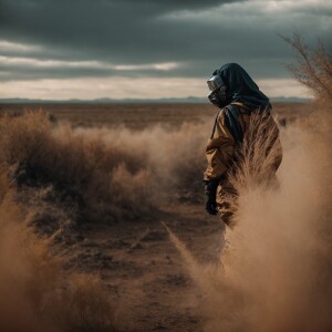 A woman concealing her face with a mask, dressed in apocalyptic...