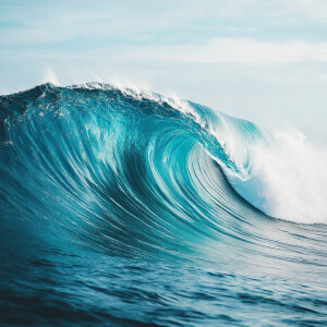 Illustrate a bright blue rolling ocean wave with a clear crest,...