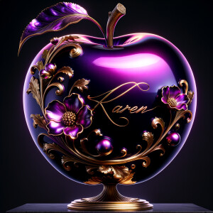 Envision a lustrous, oversized apple with a surface that gleams in a radiant shade of purple, as if lacquered to a high shine, reflecting light from its smooth, curvaceous form. The apple is adorned with elegant gold leaf patterns that swirl luxuriously around its contour, bringing a baroque opulence to its appearance. The stem, a bronzed sculpture in itself, supports a single leaf that seems to glow with an inner luminescence. At the apple’s base, a collection of flowers blooms, their petals softening the scene with organic shapes and colors that harmonize with the vibrant purple and gold. Incorporated into the metallic filigree in an artful script is the name "Karen," as if the apple were personally inscribed, enhancing the custom and bespoke quality of the piece.