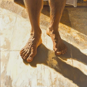 Oil painting of the two anthropomorphic feet sharing a moment, f...