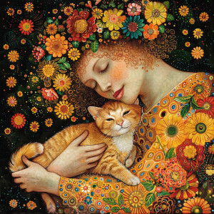 Create an image of a stunning woman adorned with flowers in her...