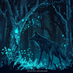 "Dark forest, skeletal trees, glowing wolf."