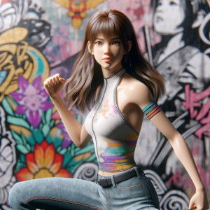 Very thin Athletic Thin skinny Attractive, Asian teenage girl, long brown hair and bangs, wearing tight skinny jeans and a halter top paint marks on her clothing, sitting side view heroic pose Asian graffiti