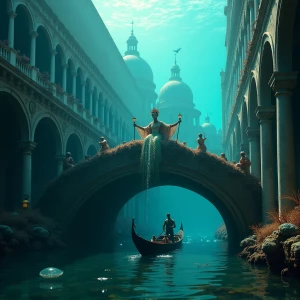 Underwater Venice, turquoise light with golden sunrays piercing...