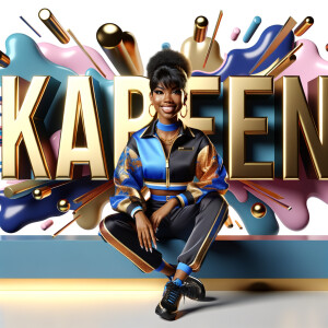 3D writing name "KAREN" bold glossy gold. There is a beautiful African-American latino woman, smiling with a black and blonde pixie cut hairdo,blue and gold trendy jacket and outfits in blue, pink, and gold tones, sport shoes, sitting under the name. Her outfits are glossy. dynamic color explosion background, of pink, blue, gold colors, splashed on white wall