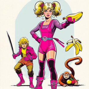 Comic book style blonde in pink unitard, pig tails. Nananas as w...