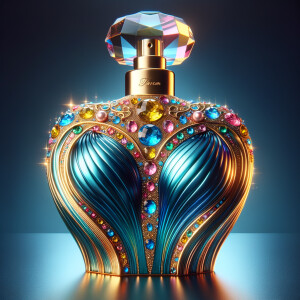 Create a 3-D realistic blue and gold, colorful jewels perfume b...
