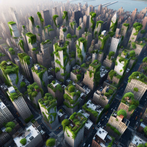 Concrete jungle. A bird view new york houses covered with lianas