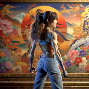 Athletic Thin skinny Attractive, Asian teenage girl, long brown hair and bangs, wearing tight skinny jeans and a halter top paint marks on her clothing, heroic pose Asian graffiti background, backside view