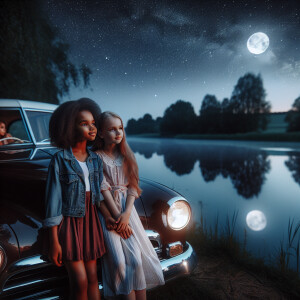 Two girls stand by the car at night and look at the lake
