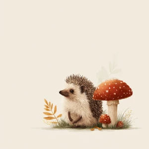 Cute small hedgehog sitting beside mushroom, vintage illustratio...
