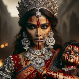 portrait of angry looking, gorgeous goddess durga cosplayer carrying a weak mahishasur in her two arms. She is wearing a huge silver crown, red saree, abundant silver jewelry, covered in blood. The scene is set in ancient India. The image is 8K resolution, cinematic, ultra detailed face and epic.