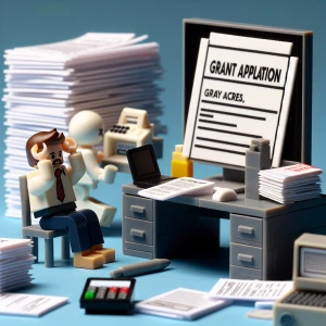 A Lego minifigure, surrounded by paperwork and a computer, appea...