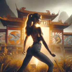 Athletic Thin skinny Attractive, Asian teenage girl, long brown hair and bangs, wearing tight skinny jeans and a halter top paint marks on her clothing, heroic pose Asian graffiti background, backside view