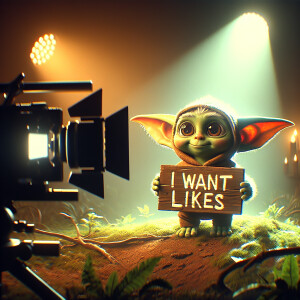 cute Goblin holding sign that says "I want likes"Cinematic film...