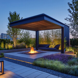 Design a modern rooftop garden featuring a sleek, minimalist gaz...