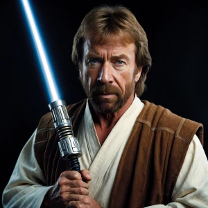 Create an image of Chuck Norris dressed in a traditional Jedi ro...