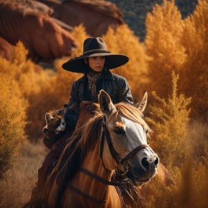 A cat with a cowboy hat on riding a horse