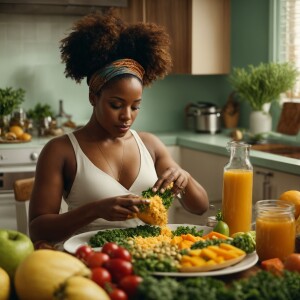 Generate me an image of an African American woman making a healt...