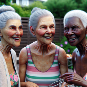 Three wrinkled older ladies with grey hair wearing swimsuits, ba...