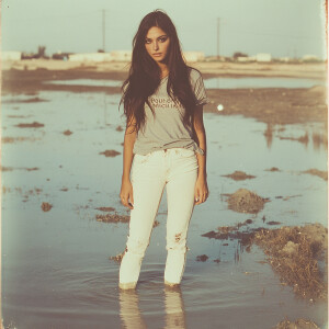 Faded film photograph from 1972 of a gorgeous, 26-year-old, brun...