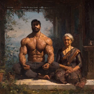 Realism,painting.A man muscular beefy sweaty doinga yoga sitting...