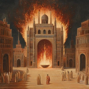 Depict an ancient regal courtyard with a towering, fierce furnace at its center. The furnace engulfs Shadrach, Meshach, and Abednego, who remain unscathed amidst the voracious flames, exuding tranquility. They are dressed in traditional ancient robes, seemingly impervious to the fire's wrath. With them, a fourth figure—an angelic presence—radiates a protective aura, his ethereal form aglow, symbolizing divine shelter.

Surrounding the furnace, astounded guards and nobles observe from afar, their faces etched in shock and wonder. The scene juxtaposes the tumultuous flames with the composed figures within, emphasizing the miracle of their survival and the power of faith and divine guardianship.