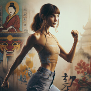 Athletic Thin skinny Attractive, Asian teenage girl, long brown hair and bangs, wearing tight skinny jeans and a halter top paint marks on her clothing, heroic pose Asian graffiti background, side view