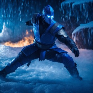 Andrew Koji as Sub-Zero in an intense ice war fighting scene. Th...