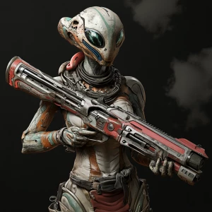 Design an image of an alien female with oversized plasma rifles,...