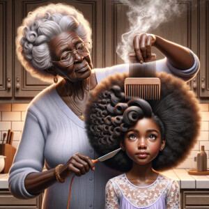 Create a realistic 3-D image of an african-American grandmother in the kitchen with her african-American granddaughter. The grandmother has a hot comb in her hair and she is straightening her granddaughters hair. One side of her granddaughters hair is in  a Afro the other is bone straight 
There is smoke coming from the hot comb