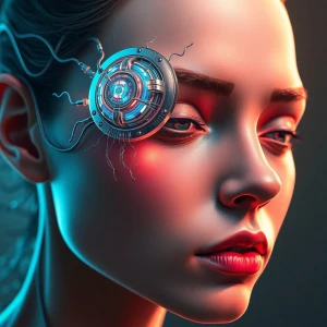 A shimmering, pulsating cybernetic implant protrudes from the su...