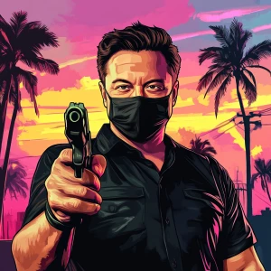 Elon Musk in GTA art style, i want it to wear a mask and glass...