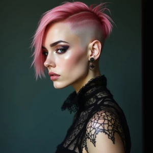 Photo of A stunning slender 22yo female, short pink hair shaved...
