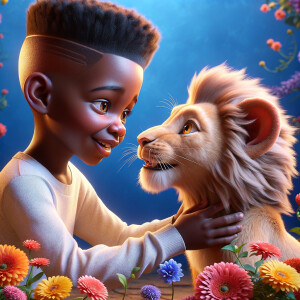 3D realistic style, an African-American little boy with fade top...