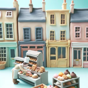 A tiny bakery scene, where a clay baker carefully places pastries on a shelf. The background shows a row of pastel-colored buildings, each with individually crafted doors and windows, while the baker’s movements are subtle but lifelike