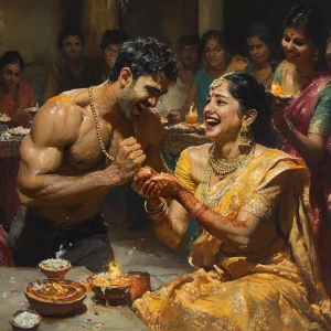 Realism art,A muscular, sweaty man joyously celebrates Diwali wi...