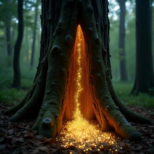 "Envision a hollow tree trunk in an ancient forest, slowly being...